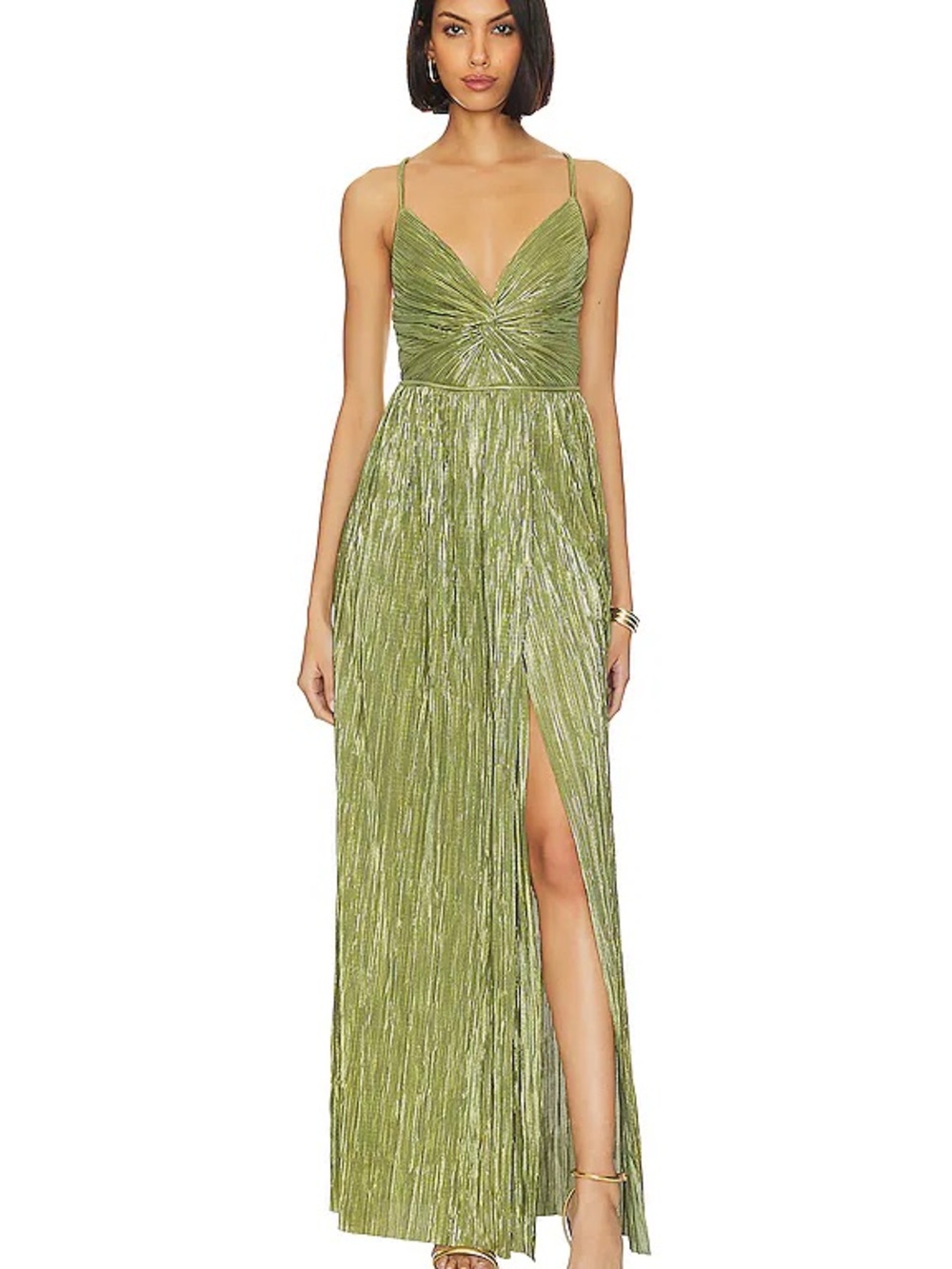 Sabina Musayev Olive Metallic Pleated Maxi Dress with High Slit